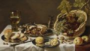 Pieter Claesz, Tabletop Still Life with Mince Pie and Basket of Grapes